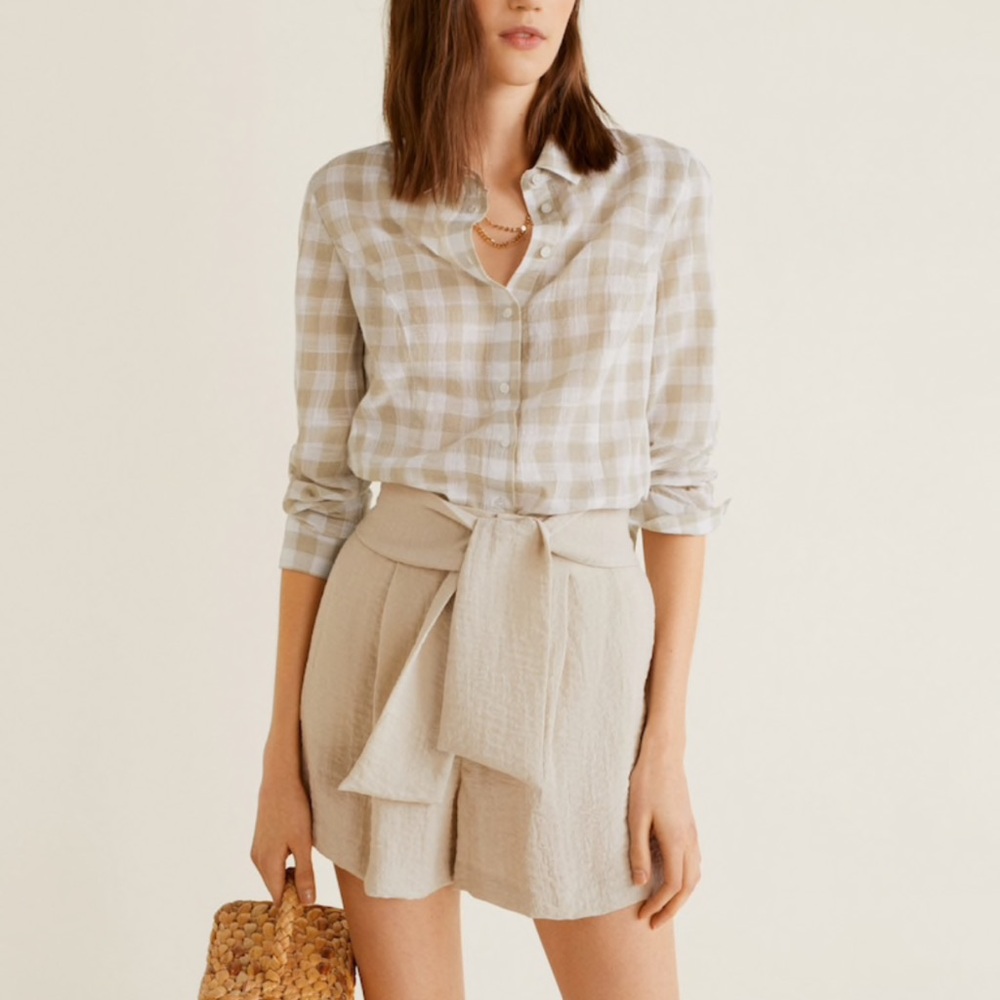 NWT Mango Women’s Tan & White Gingham Button Down Long Sleeve